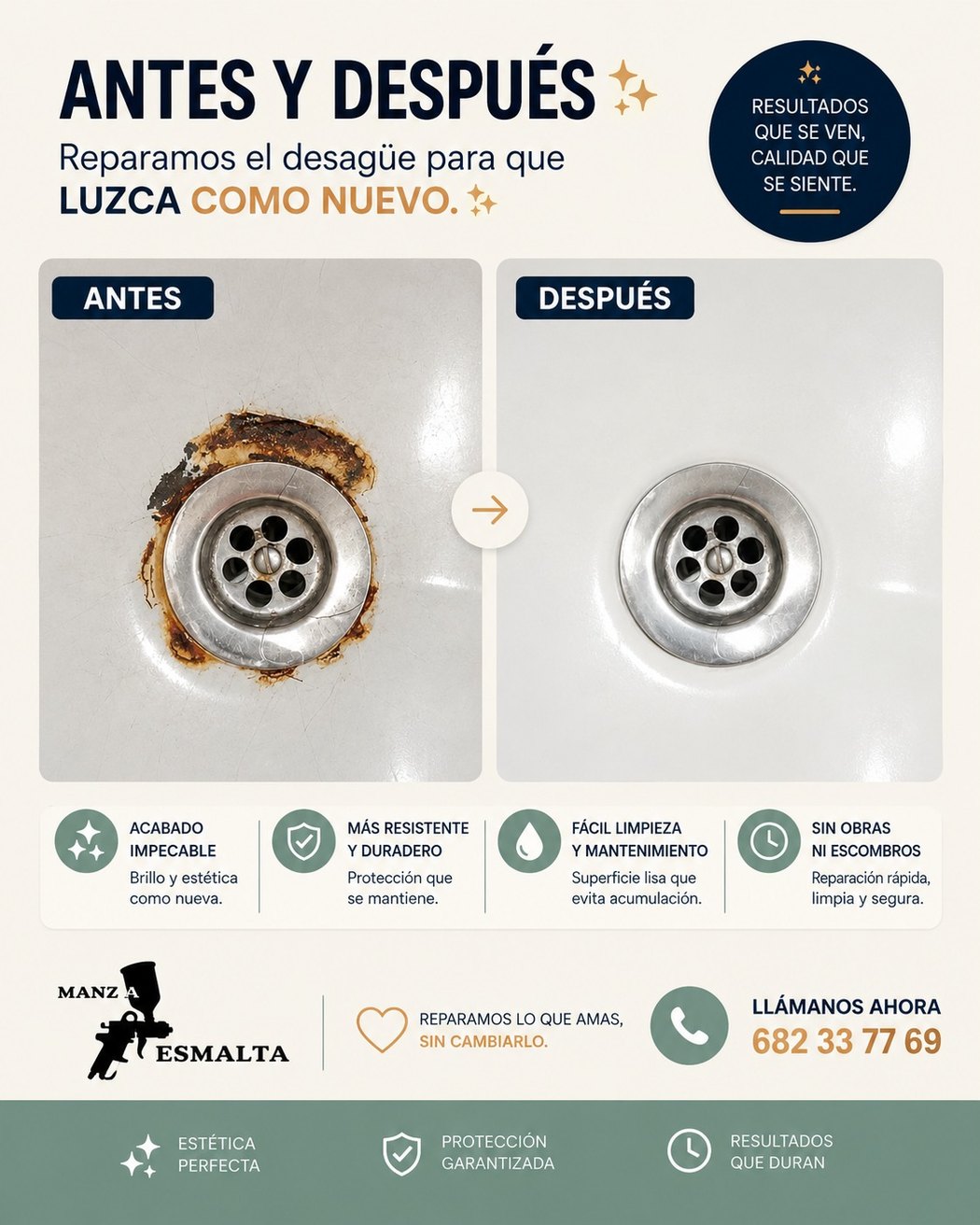 Desagüe oxidado reparado, antes y después